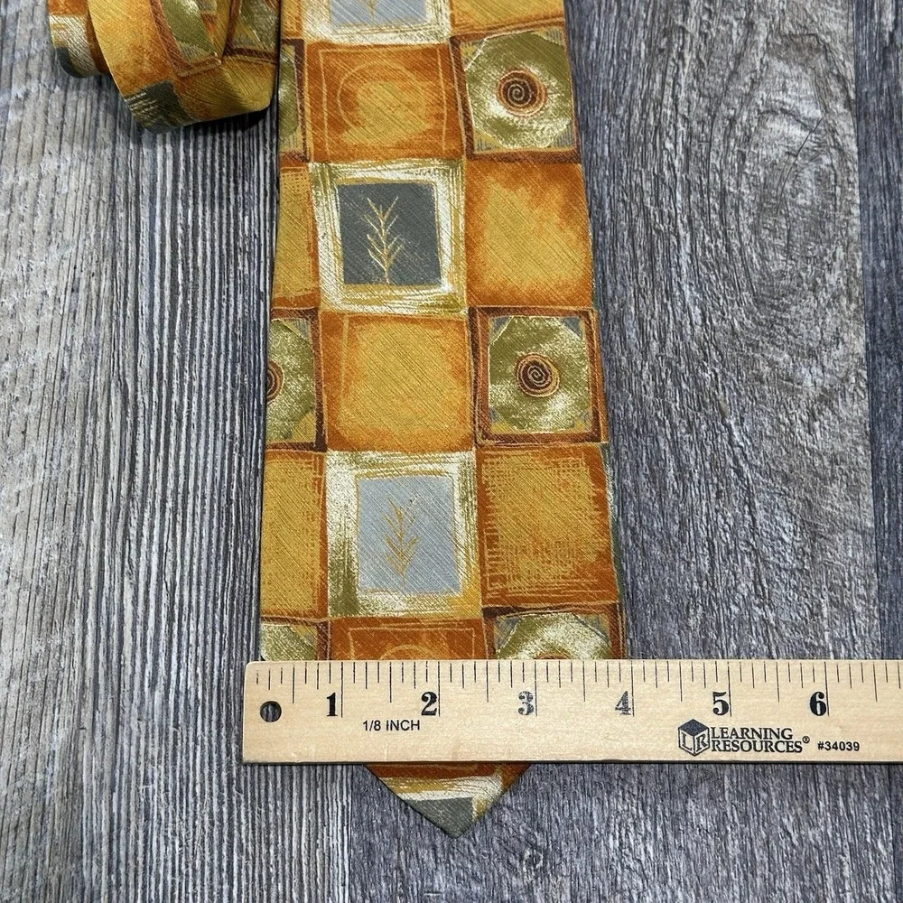 Ermenegildo Zegna 100% Silk‎ Tie Geometric Square Pattern Gold Orange Gray Italy
